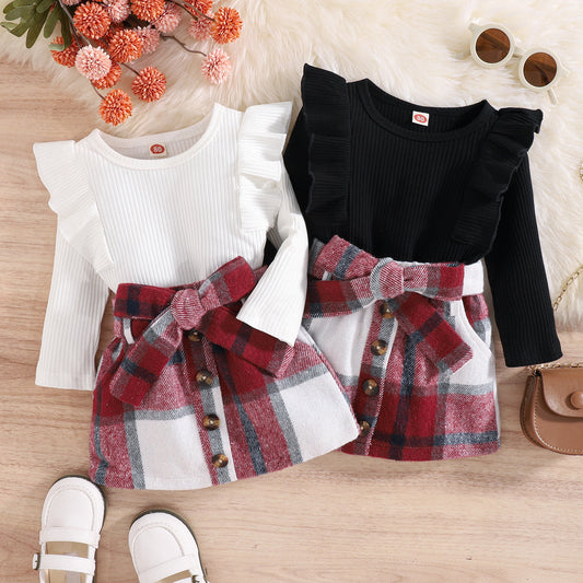 Top and Plaid Skirt Outfit
